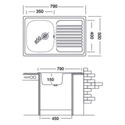 Évier de cuisine encastrable en acier inoxydable avec égouttoir à gauche 50x79 cm