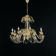 Lustre en fer décapé ivoire et damas strass doré huit lumières 90x h70 cm
