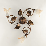 Plafonnier en fer Marron Or Blanc Ambre verres trois lumières 59x h20 cm