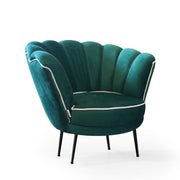 Fauteuil coquille Orel en velours vert émeraude avec bordure blanche