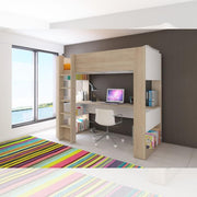 Chambre 1652 avec lit mezzanine et bureau en dessous en blanc et chêne