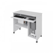 Porte-ordinateur blanc avec roues en bois enmoblées H.76 x 93 x 48,5 cm