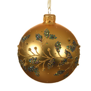 Boule de Noël dorée brillante avec motifs branches et feuilles Ø8 cm