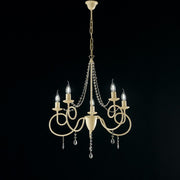 Lustre fer ivoire cinq lumières décor décape et strass 58x h72 cm
