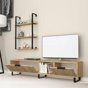 Meuble TV 2 abattants avec bibliothèque 3 étagères en chêne 180x35xh.40 cm