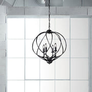 Lustre déco suspension fer noir décor argent quatre lumières 43x h50 cm
