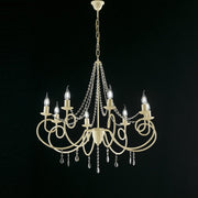 Lustre fer ivoire huit lumières décor décape et strass 80x h75 cm