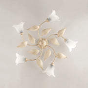 Plafonnier en fer Ivoire Or cinq lumières Albâtre Verre blanc 70x h20 cm
