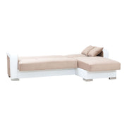 Canapé-lit en éco-cuir blanc et tissu beige avec péninsule à droite 240x140xh.88 cm