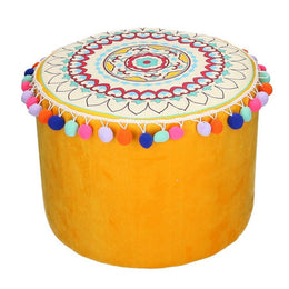Pouf en velours jaune orangé avec pompon