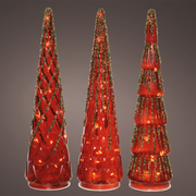 Mini sapins en verre H35 cm rouge avec 15 LED assorties