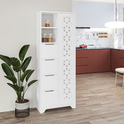 Meuble polyvalent Yada maxi blanc avec porte décorée, 4 tiroirs et 2 niches