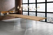 Table extensible en chêne plaqué et pieds en verre trempé 160/240x90x76h cm