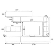 Mur équipé de deux abattants et quatre éléments hauts Chêne blanc TRONADOR 260x42x h210 cm