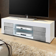 Pied meuble TV blanc brillant avec 2 portes gris béton L.138 P.42 H.44 cm