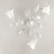 Plafonnier en fer blanc argenté avec trois lumières Albâtre Verre blanc 67x h20 cm