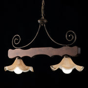 Lustre ancien en bois de noyer et fer deux lumières abat-jour en verre 88x h50 cm