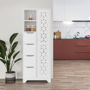 Meuble polyvalent Yada maxi blanc avec porte décorée, 4 tiroirs et 2 niches