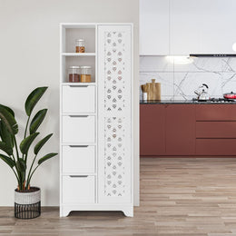 Meuble polyvalent Yada maxi blanc avec porte décorée, 4 tiroirs et 2 niches