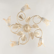 Plafonnier en fer Ivoire Or Blanc Ambre verres cinq lumières 70x h20 cm