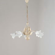 Lustre en fer Ivoire Or cinq lumières Albâtre Verre blanc 68x h43 cm