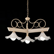 Lustre en bois laqué ivoire et fer à décor de 3 lumières décape avec plaque de verre