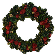 Couronne avec fleurs rouges et pommes de pin vertescm ø45h8