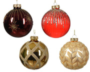 Décoration de Noël en verre brillant-mat-transparent avec motifs de feux d'artifice, nervures, feuilles et échecs, mélange de couleurs rouge/or, ø 8cm