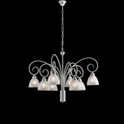 Lustre Shabby en fer blanc, Albâtre Abat-jour en verre blanc huit lumières 81x h58 cm