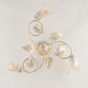 Plafonnier en fer Ivoire Or Blanc Ambre verres trois lumières 59x h20 cm