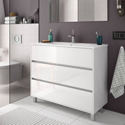 Meuble de salle de bain Elmas100 avec lavabo laqué blanc brillant 3 tiroirs 100x45x86h