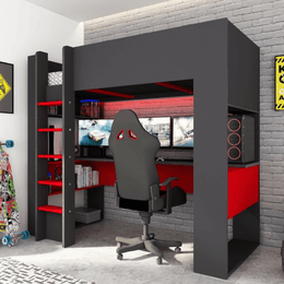 Lit superposé 5050 rouge anthracite avec bureau