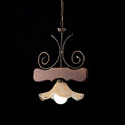 Lustre ancien en bois de noyer et fer, un abat-jour en verre clair 43x h48 cm