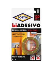 Ruban adhésif double face Bostik pour intérieurs et extérieurs, largeur 19 mm et longueur 1,5 ml