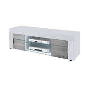 Pied meuble TV blanc brillant avec 2 portes gris béton L.138 P.42 H.44 cm