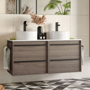 Meuble de salle de bain suspendu Nuar120 chêne éternité double vasque 4 tiroirs 120x45x54h