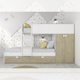 Chambre avec lit superposé avec tiroirs et armoire en chêne et blanc