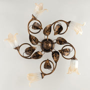 Plafonnier fer Marron Or Blanc Ambre verres cinq lumières 70x h20 cm