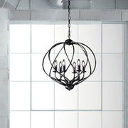 Lustre déco suspension fer noir décor argent six lumières 57x h57 cm