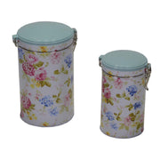 Pot rond en métal 1-2 roses bleu clair cmø12h19