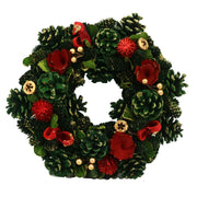 Couronne avec fleurs rouges et pommes de pin vertes ø30h8 cm