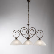 Lustre en fer Marron Or trois lumières Albâtre Abat-jour en verre blanc 78x h54 cm
