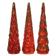 Mini sapins en verre H35 cm rouge avec 15 LED assorties
