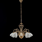 Lustre fer ivoire cinq lumières Albâtre Abat-jour verre blanc 60x h45 cm