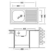 Évier de cuisine avec égouttoir droit en acier 50x90 cm