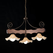 Lustre ancien en bois de noyer et fer trois lumières abat-jour verre 80x h50 cm