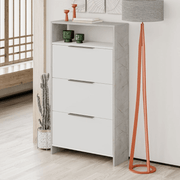 Meuble à chaussures Kaju avec 3 portes abattantes blanches et structure effet marbre gris