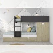 Chambre avec lit superposé avec tiroirs et armoire en chêne et anthracite