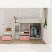 Chambre 1267 avec lit superposé avec deux tiroirs et armoire en blanc usé et rose flamant rose