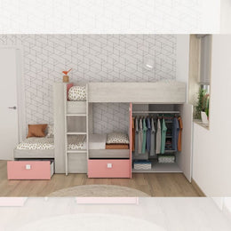 Chambre 1267 avec lit superposé avec deux tiroirs et armoire en blanc usé et rose flamant rose